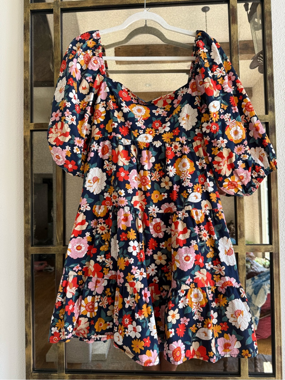 Karlie Navy Floral Puff-Sleeve Tiered Dress